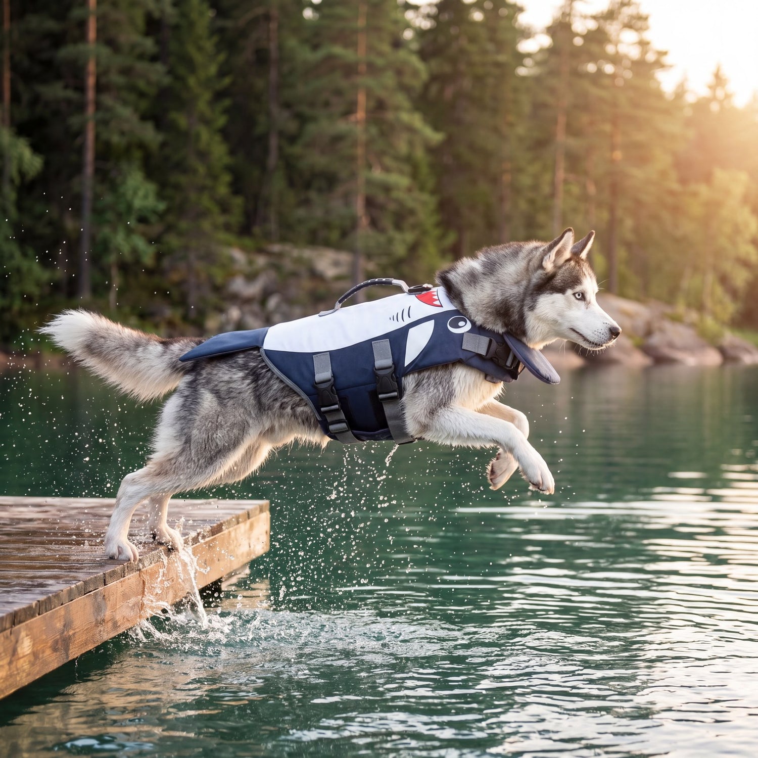 Husky jumping into lake wearing AquaPaw Shark life jacket